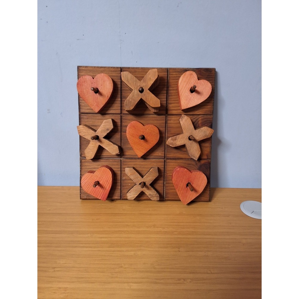 Vintage His & Her's Handmade Wooden Tic-Tac-Toe Game. Complete GVC